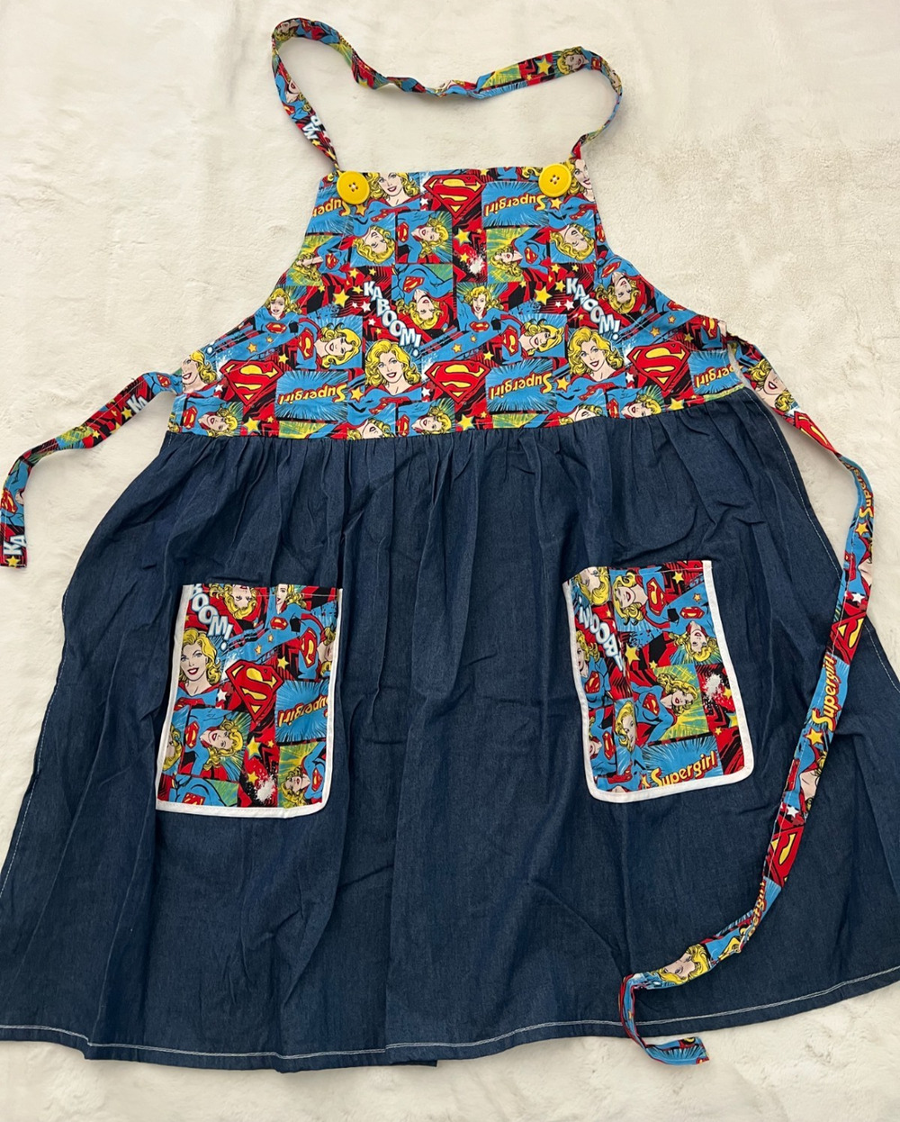 Supergirl Womens Apron Comic Print Denim Blue Handmade Kitchen Cooking Pockets